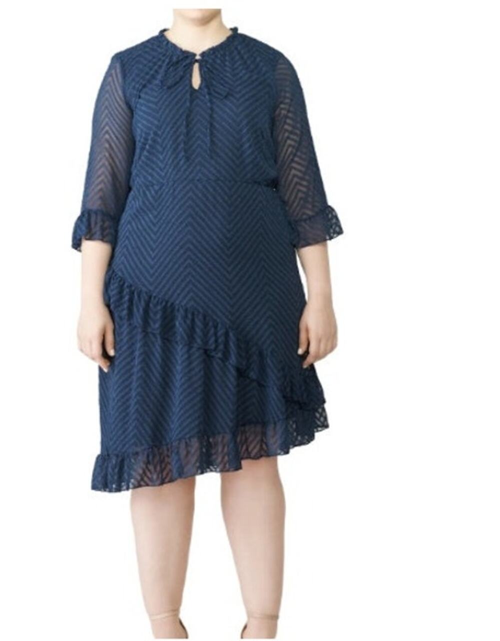 JunaRose Blue 3/4 Sleeve Below Knee Chevron Ruffle Dress Size 24